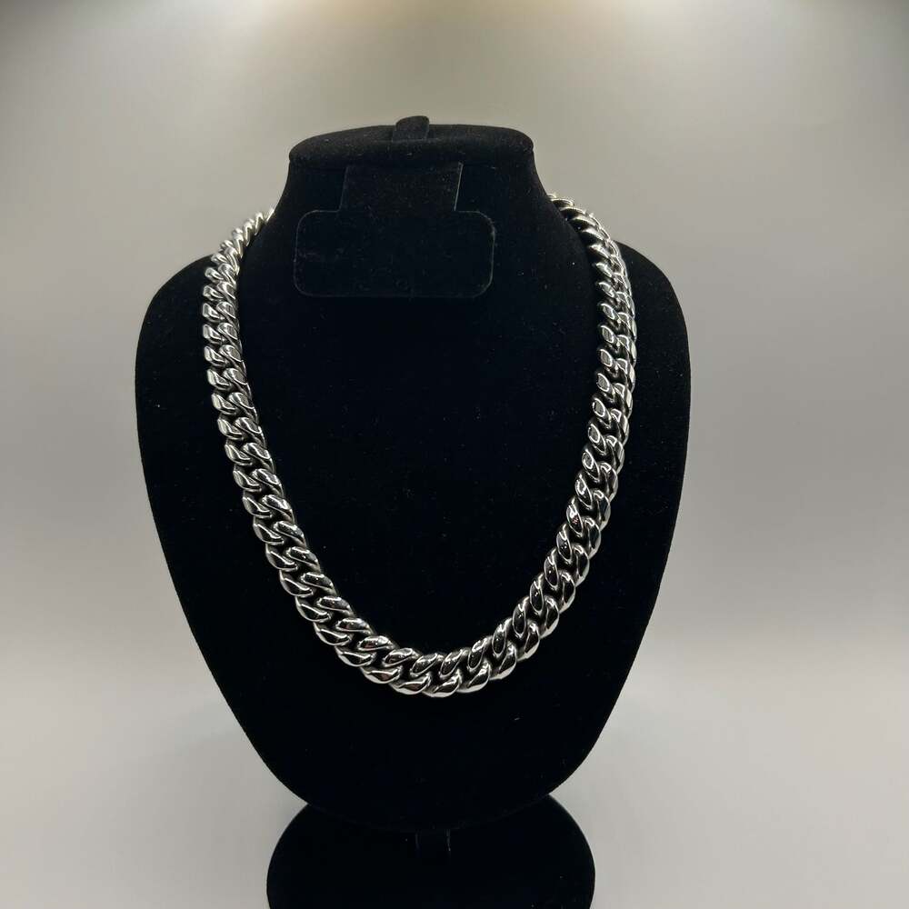 12mm Silver Miami Cuban Link Chain 22 Inch Waterproof Allergenic Plate Solid New